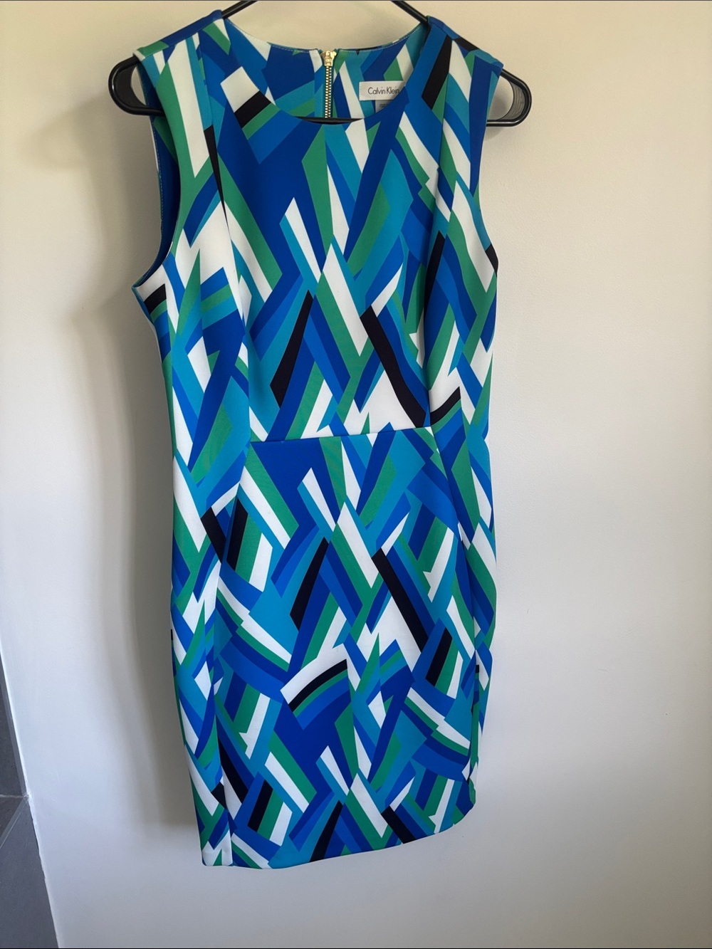 Calvin Klein Blue, Green & White Geometric Sheath Dress